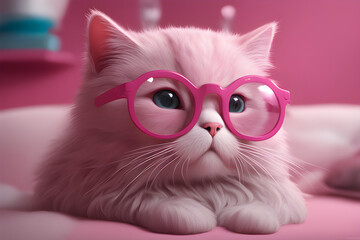 Digital art, pink cat with glasses, cute cat, big eyes and big waves, surreal, concept art, 4K, pink, cute, colorful, illustration,generative ai