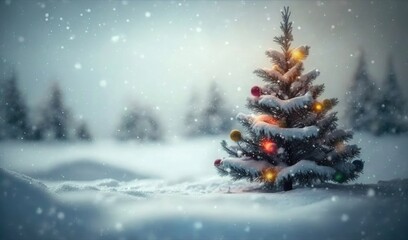 Obraz premium Christmas winter blurred background. Xmas tree with snow decorated with garland lights, holiday festive background