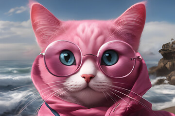 Digital art, pink cat with glasses, cute cat, big eyes and big waves, surreal, concept art, 4K, pink, cute, colorful, illustration,generative ai