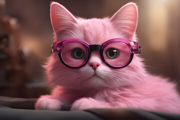 Digital art, pink cat with glasses, cute cat, big eyes and big waves, surreal, concept art, 4K, pink, cute, colorful, illustration,generative ai