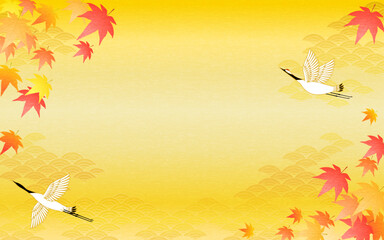 Naklejka na ściany i meble 鶴と金色の和柄青海波の和風背景