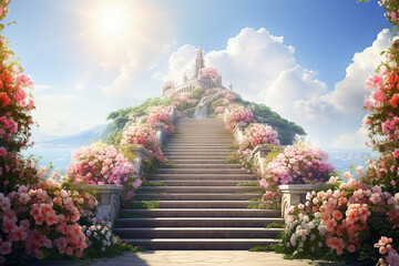 Generative AI Image of Stairs to Palace with Beautiful Blooming Flowers in Bright Sky