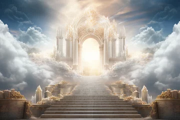 Foto op Canvas Generative AI Image of Stairway Leading to Heaven Luxury Gate with Bright Light in Sky © heartiny