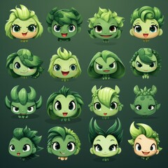 Obraz premium Clipart set of cartoon green wooden dragon with different emotions. 