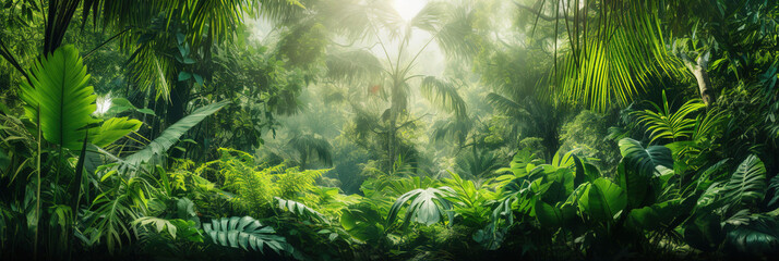 A beautiful green forest of lush palm leaves Palm trees in exotic tropical forest Nature concept of tropical plants for panoramic wallpaper. - obrazy, fototapety, plakaty