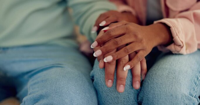 Couple, closeup and holding hands in home for love, care and support for help, empathy or gratitude. Man, woman or touch hand of partner for loyalty, commitment and trust of kindness, hope or forgive