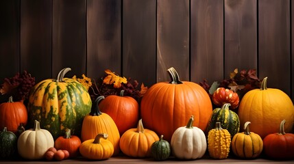 A colorful display of pumpkins, pumpkins and leaves sitting in a row on wooden background. Space for text. Generative AI.
