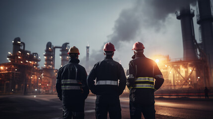 Naklejka premium A Behind the scenes of a group of engineers wearing safety stands looking at a large industrial factory background with chimneys and smoke.