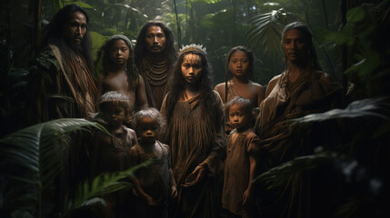 A stern-looking tribe of men and women in the Asian jungle dressed in leaf robes hold a small child, looking into the camera, the light pierced through the tall trees.