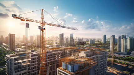 A Construction of high-rise buildings, tower cranes are lifting steel on high-rise building construction site in big city.