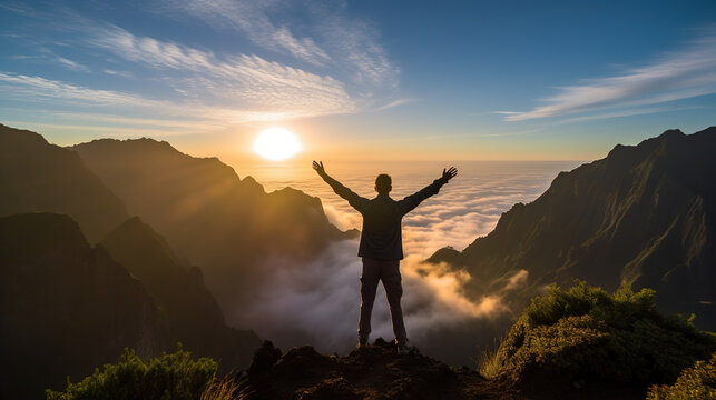 Adult male hiker celebrating the sunset over the mountain panorama of Madeira