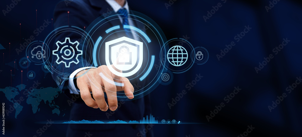 Poster cyber security and protection of private information and data concept. financial data to protect per
