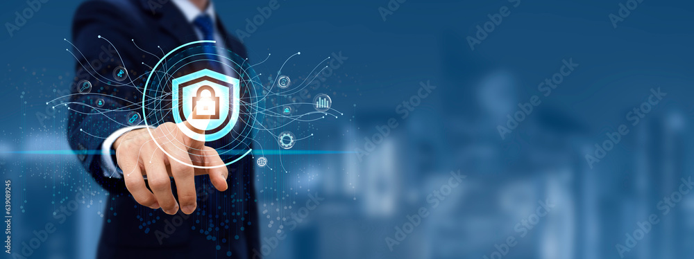 Poster cyber security and protection of private information and data concept. financial data to protect per