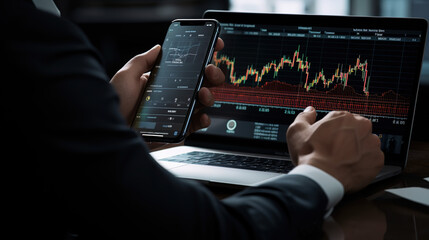 A Stock trader investor broker holding mobile phone looking at laptop using computer analyzing trade cryptocurrency financial digital market indexes crypto stockmarket charts data