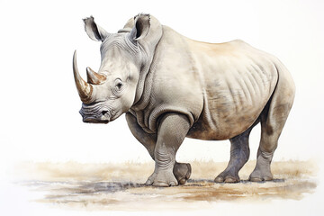 White Rhinoceros in southern African savanna. Watercolor style digital art
