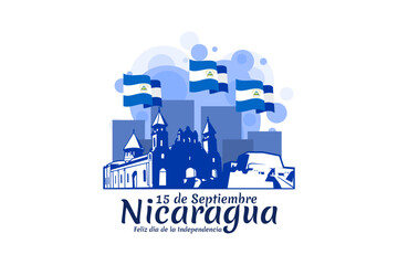 Translation: September 15, Nicaragua, Happy Independence day. Happy Independence Day of Nicaragua vector illustration. Suitable for greeting card, poster and banner.