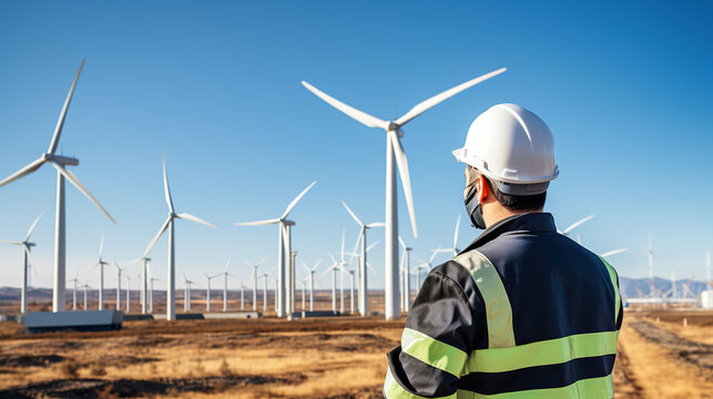 A Renewable energy concept - engineer working at clean wind farm - renewable energy concept