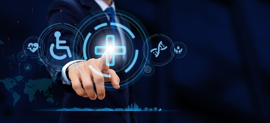 Medical health care icon element interactive design innovation concept. DNA. Digital healthcare and network connection on hologram modern virtual screen interface