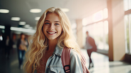 A Smiling cute pretty blond girl, positive female teenage high school student holding backpack looking at camera standing in modern university or college campus library, portrait. Health Insurance.