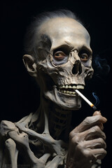 Skull smoking cigarette on black background, halloween concept