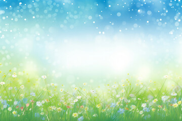 Spring nature background with grass, flowers and bokeh lights