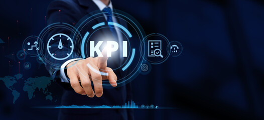 KPI key performance indicators business technical concept. Businessman touching screen icon,...