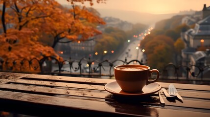 Naklejka na ściany i meble A cup of coffee on a table overlooking an autumn city view. Generative AI.