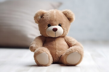 Obraz premium Cute teddy bear with soft fur, light background, bright and clear lighting.