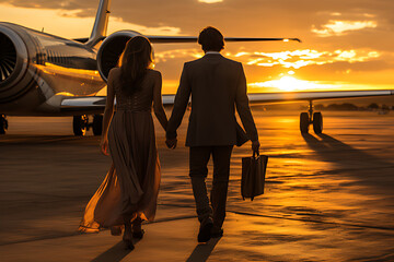 A beautiful and handsome couple boarded their private jet with the light of the sun starting to set and the sky darkening. - obrazy, fototapety, plakaty