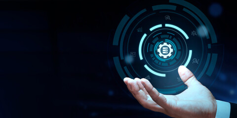 Businessman Hands Holding the big data icon. Business analytics Big data analysis technology future concept on VR screen on blur background.