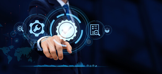Quality assurance concept, Businessman hand touching icon and  ISO certification and...