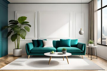 Living room wall mockup in bright tones with have sofa and plant with white wall background. 3d rendering. Modern living room