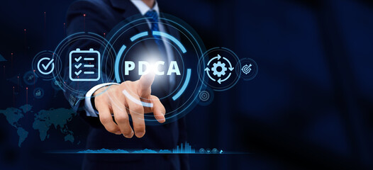 Businessman touch PDCA concept, PDCA concept or plan do check action business management concept. Solving problems, improving organizational processes