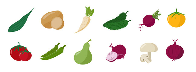Flat color vegetable icons set, collection of vegetables icon