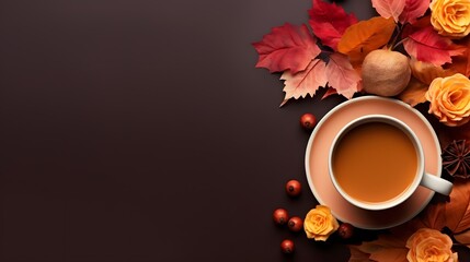 Autumn Flat lay composition. Cup of tea, autumn dry bright leaves, roses flowers, orange circle, cones, decorative pomegranate, cinnamon sticks on brown beige background top view. AI Generative