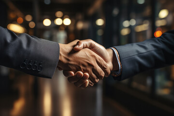 Two men sharing a firm handshake, symbolizing mutual respect and agreement. Generative AI - obrazy, fototapety, plakaty