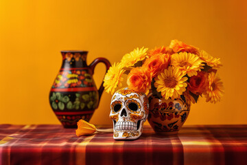Festive sugar skull next to a vase full of flowers on table with flannel tablecloth on yellow wall. Celebrating Day of the Dead. Created with Generative AI technology - obrazy, fototapety, plakaty