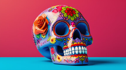 Vibrant skull adorned with flowers on light blue and hot pink background. Celebrating Day of the Dead. Created with Generative AI technology