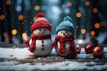 Craft adorable snowman characters in charming winter scenes - obrazy, fototapety, plakaty