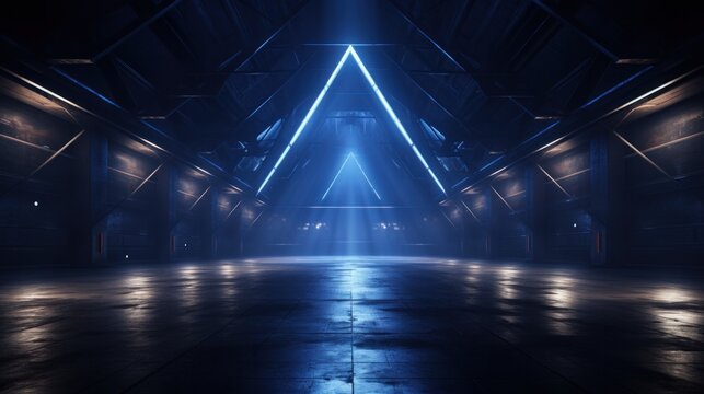 Sci-Fi Futuristic warehouse blue neon light. Studio lights stage concert showroom podium virtual night blue Cyber alien spaceship 3D illustration.