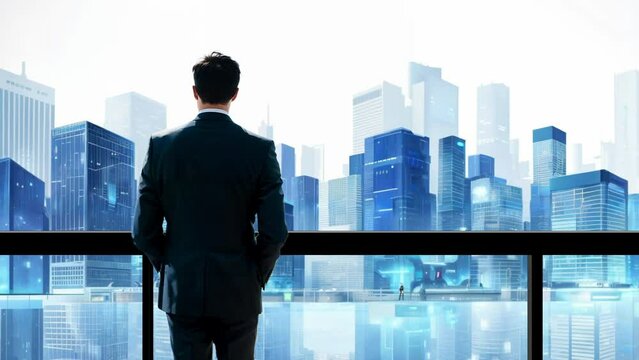 Business man overlooking city skyline background from office 