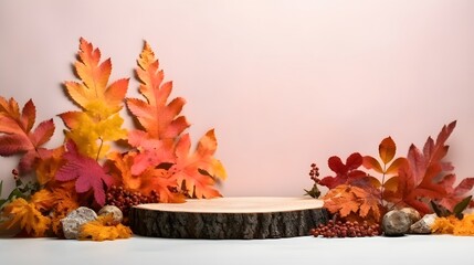 Naklejka na ściany i meble Autumn podium made of natural wood and autumn foliage. AI Generative