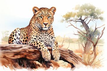 African Leopard sitting in tree looking out. Watercolor style painting digital art