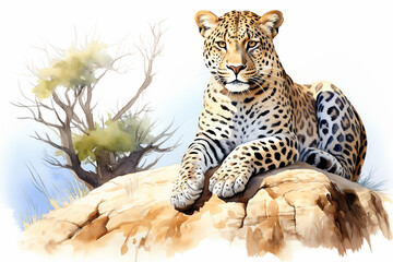 African Leopard sitting on rock looking out. Watercolor style painting digital art