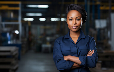 Black african american dark-skinned worker in a factory. Portrait of industrial worker indoors in factory. Technician with arms crossed, industrial construction industry,