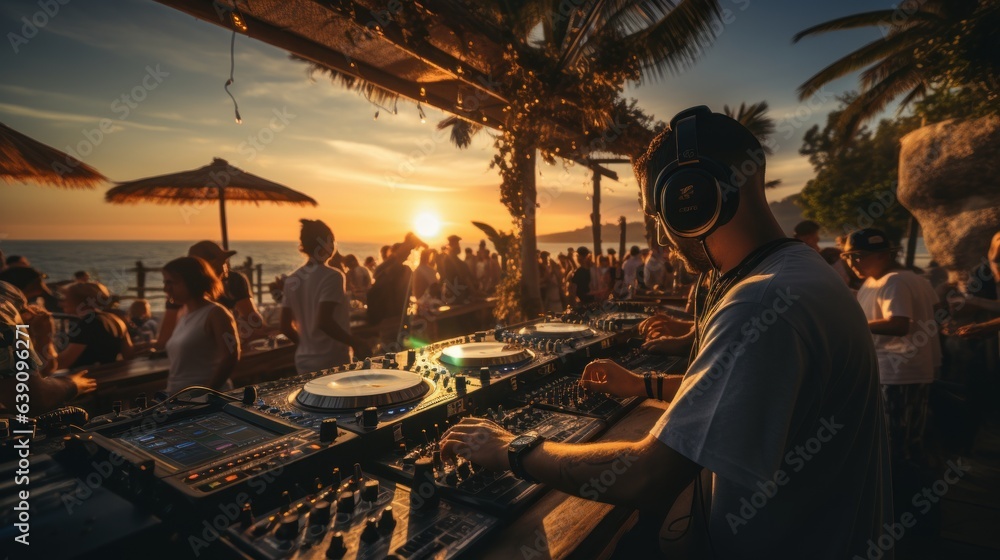Wall mural Dj mixing at sunset beach party in summer vacation outdoor - Disc jockey hands playing music for tourist people in chiringuito kiosk bar - Event, music and fun concept - Focus hand - Wall murals