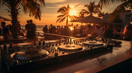 Dj mixing at sunset beach party in summer vacation outdoor - Disc jockey hands playing music for tourist people in chiringuito kiosk bar - Event, music and fun concept - Focus hand