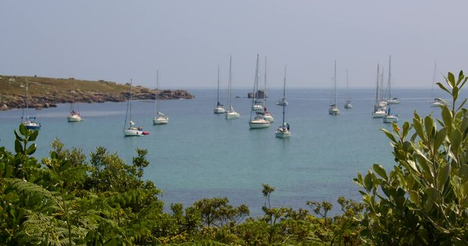 wide shot of the natural harbour on St Agnes and Gugh at the Isles of Scilly. Foliage in foreground.