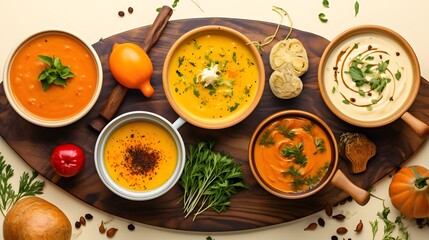 Pumpkin soup with vegetarian cooking ingredients, wooden spoons, kitchen utensils on wooden...