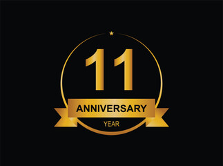 11th golden anniversary logo with ring and ribbon, laurel wreath vector design isolated on black background.